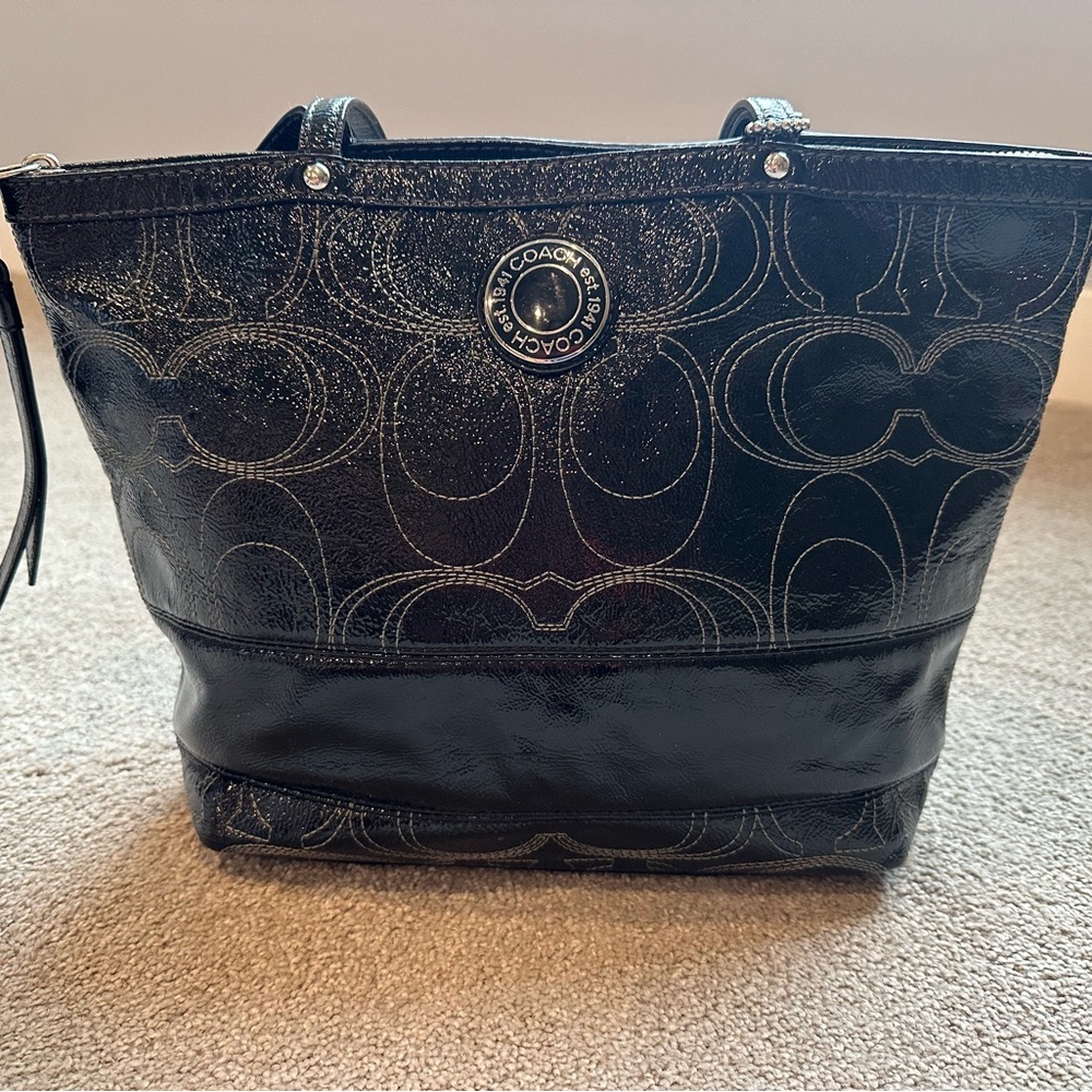 Black Shiny C Logo Coach Shoulder Bag Purse